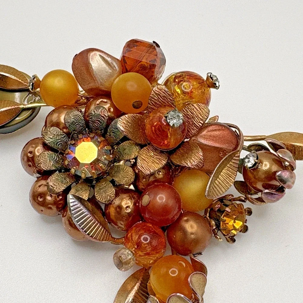 Vintage Brooch Flower AB Artglass Honey Bronze Thermoset Rhinestone MCM
